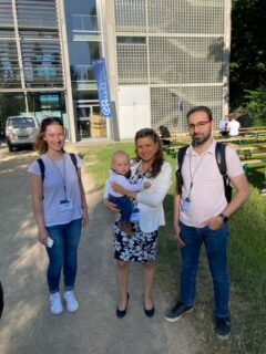 Nina Reiter, Silvia Budday with her son and Saeed Zarzor at GAMM 2023 in Dresden (from left to right).