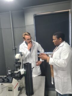 Conducting nanoindentation experiments with Dr. Majah'onkhe Shabangu (Image: private)