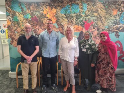 At the zebrafish facility of Cape Heart Institute, UCT: (from left to right) Prof. Thomas Franz (Mechanobiology Lab), Oskar Neumann, Prof. Karen Sliwa-Hahnle (Director of Cape Heart Institute), Prof. Gasnat, Shaboodien (Head of of the Cardiovascular Genetics research laboratory) and Dr. Ghodeejah Higgins (MBL) (lmage: private)
