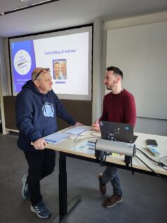 Impressions from the Storytelling & Science Workshop — Paul Steinmann and Renaud Poupre connecting (Image: A. Dakkouri-Baldauf).