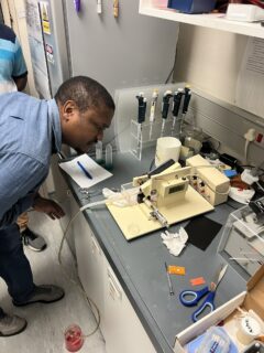 Dr. Majah’onkhe Shabangu operating the compresstome for sectioning of the agarose-embedded brain organoids. Photo: O. Neumann