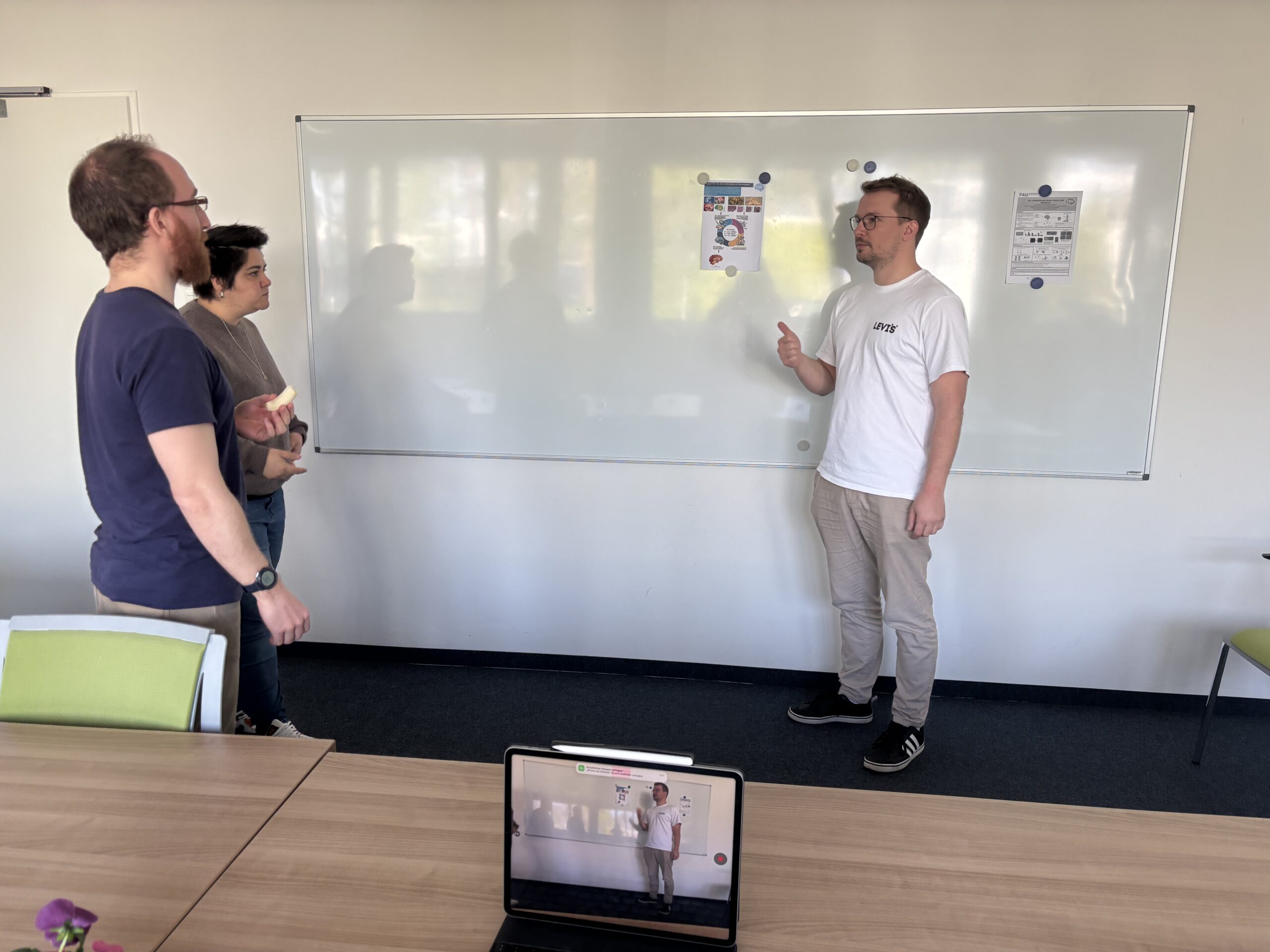 Workshop “How to Pitch Your Project” with three EBI-funded early-career PIs designated for the next funding period. Photo: S. Hülsenbeck