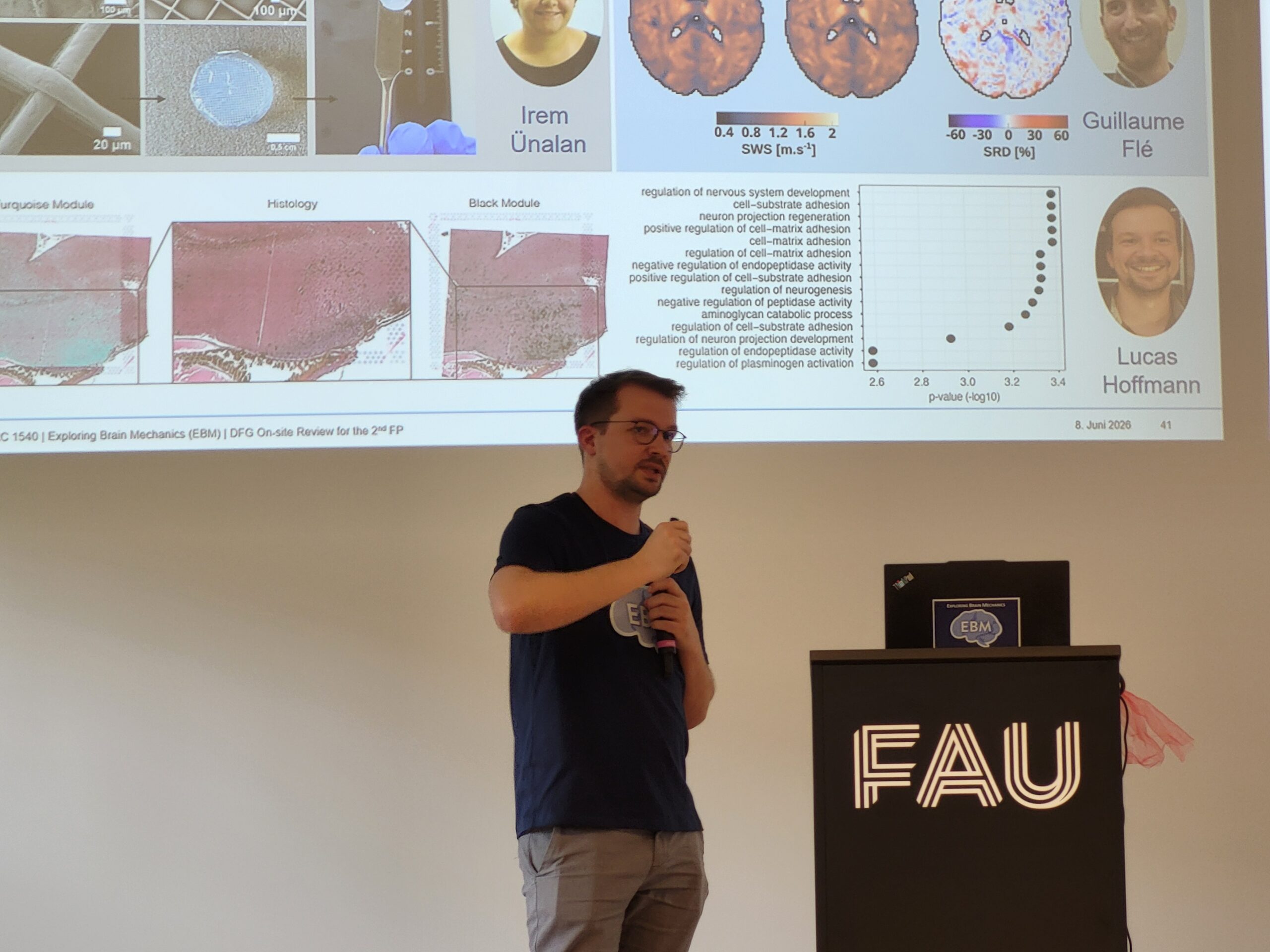 Lucas Hoffmann in full swing, rehearsing his talk on EBM's early career researcher support. Photo: A. Dakkouri-Baldauf