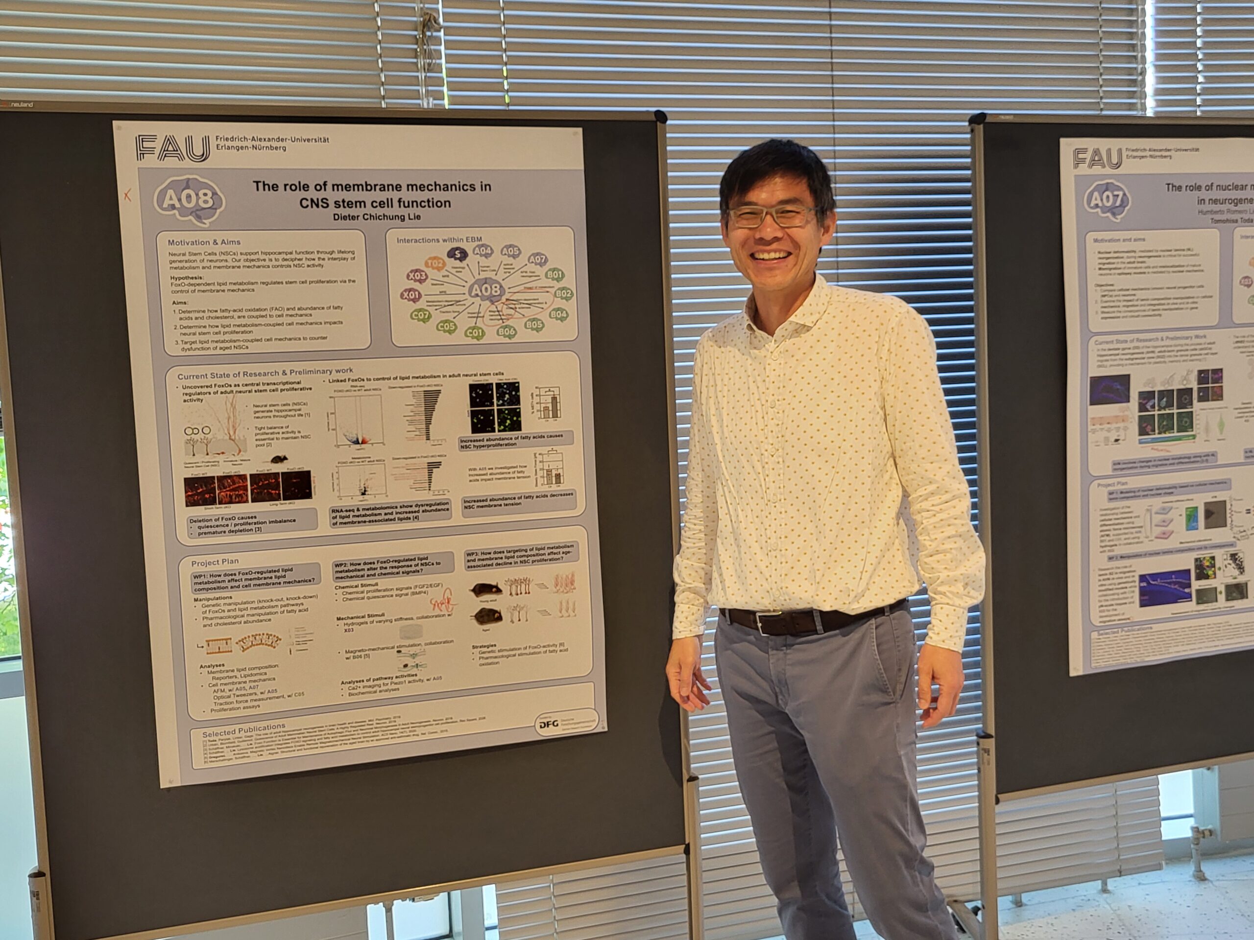 Chichung Lie, all smiles next to his poster on membrane mechanics and CNS stem cells. Photo: A. Dakkouri-Baldauf